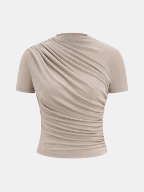 Commense Draped Ruched Short-Sleeve Tee in Taupe